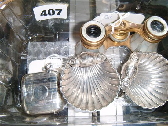 Silver vesta case, Bham 1918, pair silver dolphin salts, mother of pearl opera glasses, glass, wood & brass inkwell & plated teapot